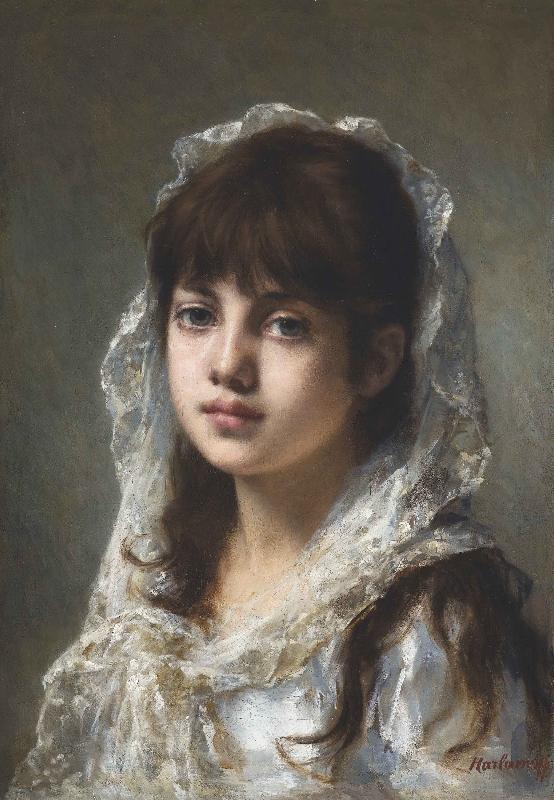 Alexei Harlamov Portrait of ayoung girl wearing a white veil oil painting image